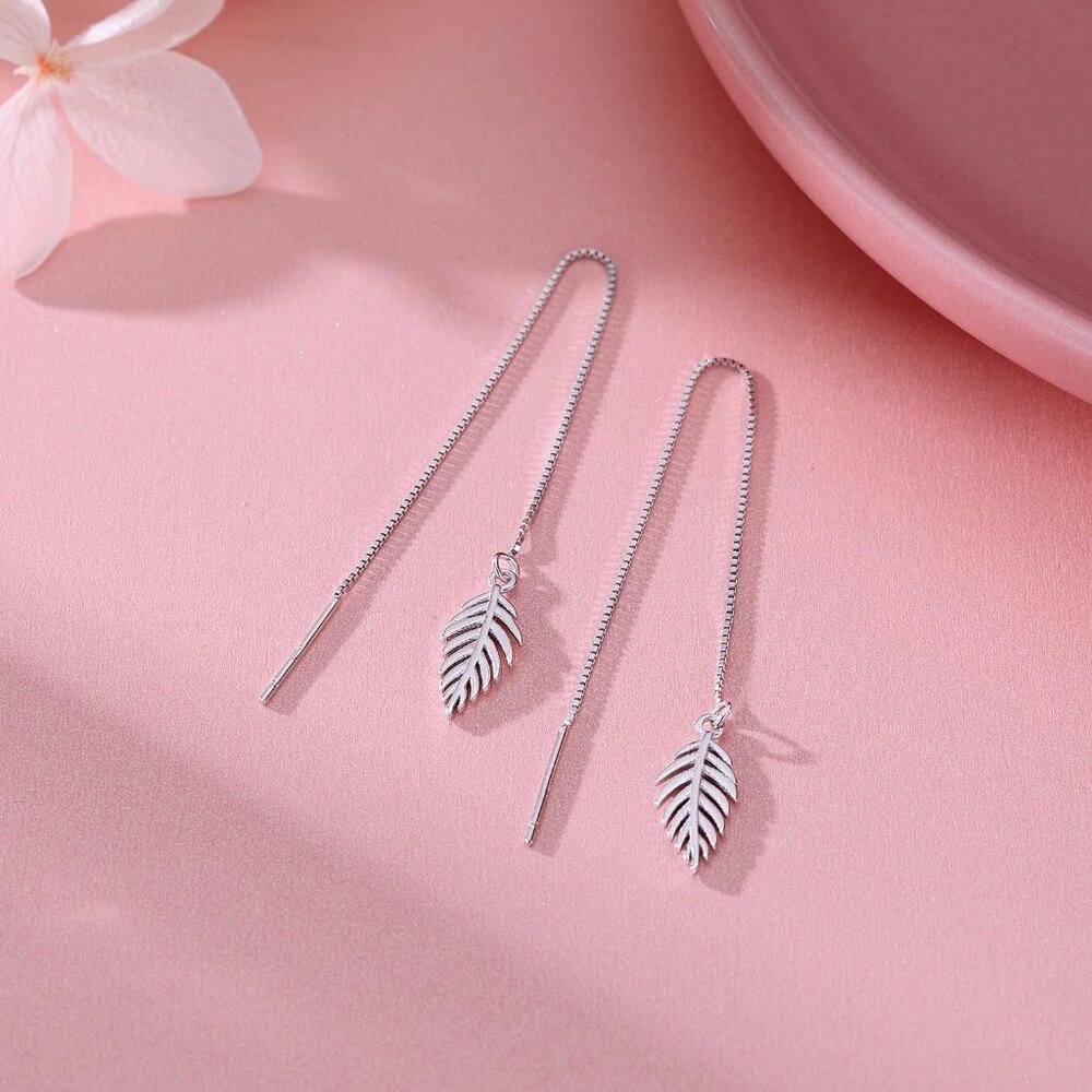 Solid 925 Sterling Silver Leaf Dangle Earrings Ch… - image 3
